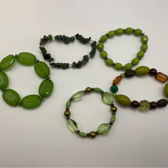 5pc NEW Green Beaded Stretch Bracelets Boho Stack Set Jade Olive Peridot Vibes 🍃 - Picture 2 of 15